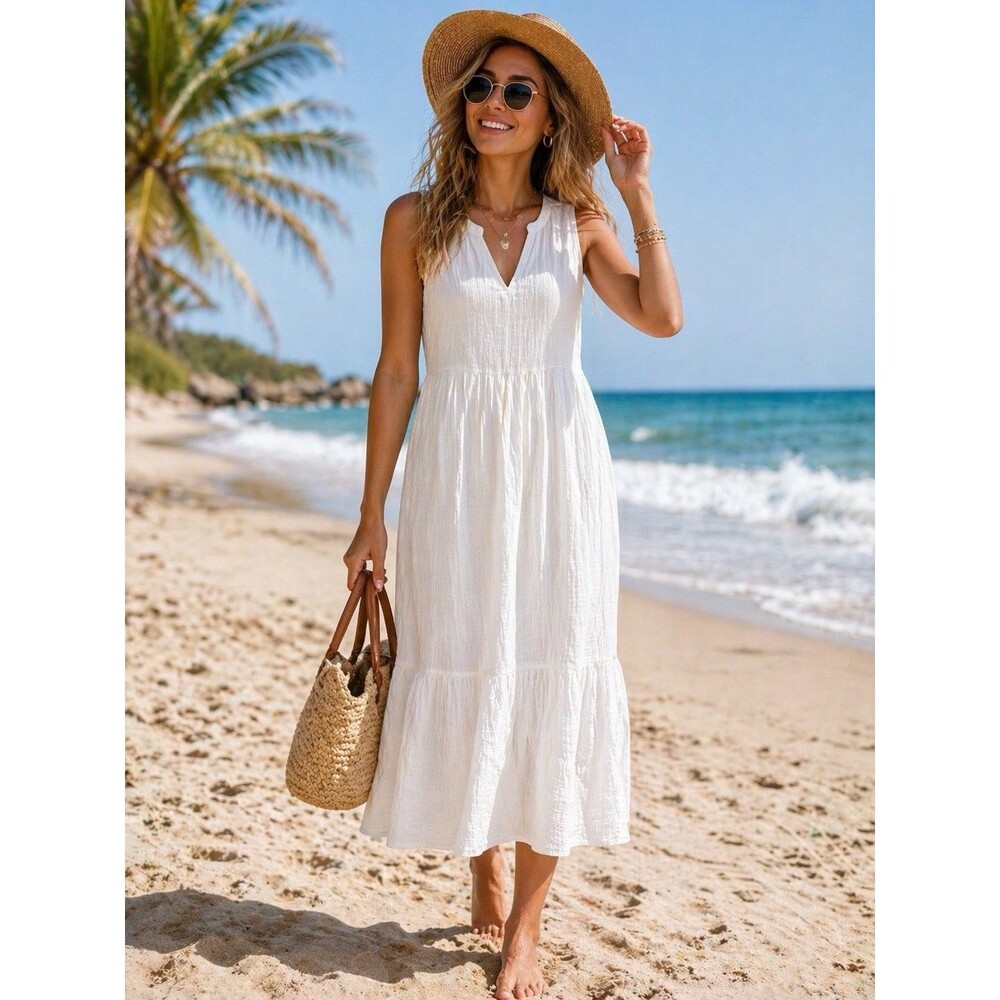 BeachLunchLounge Reana Gauze Tiered Midi Dress Size S White 100% Cotton Beach
